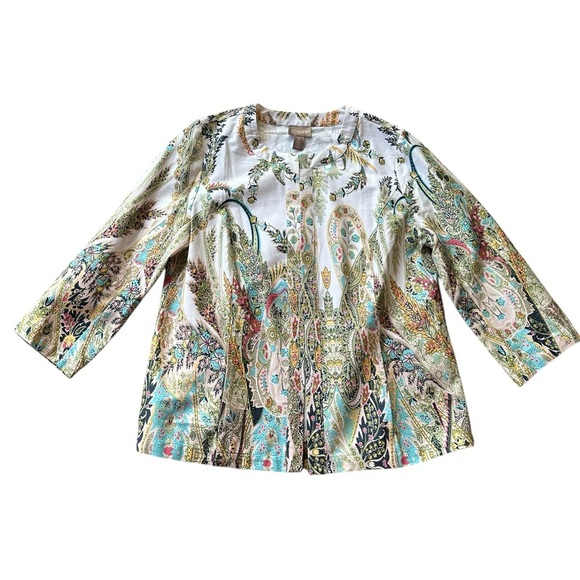 Sleeve Chico's Jacket Sz 1 Medium White Floral Open Front Stretch 3/4 Slv Topper - Picture 1 of 7